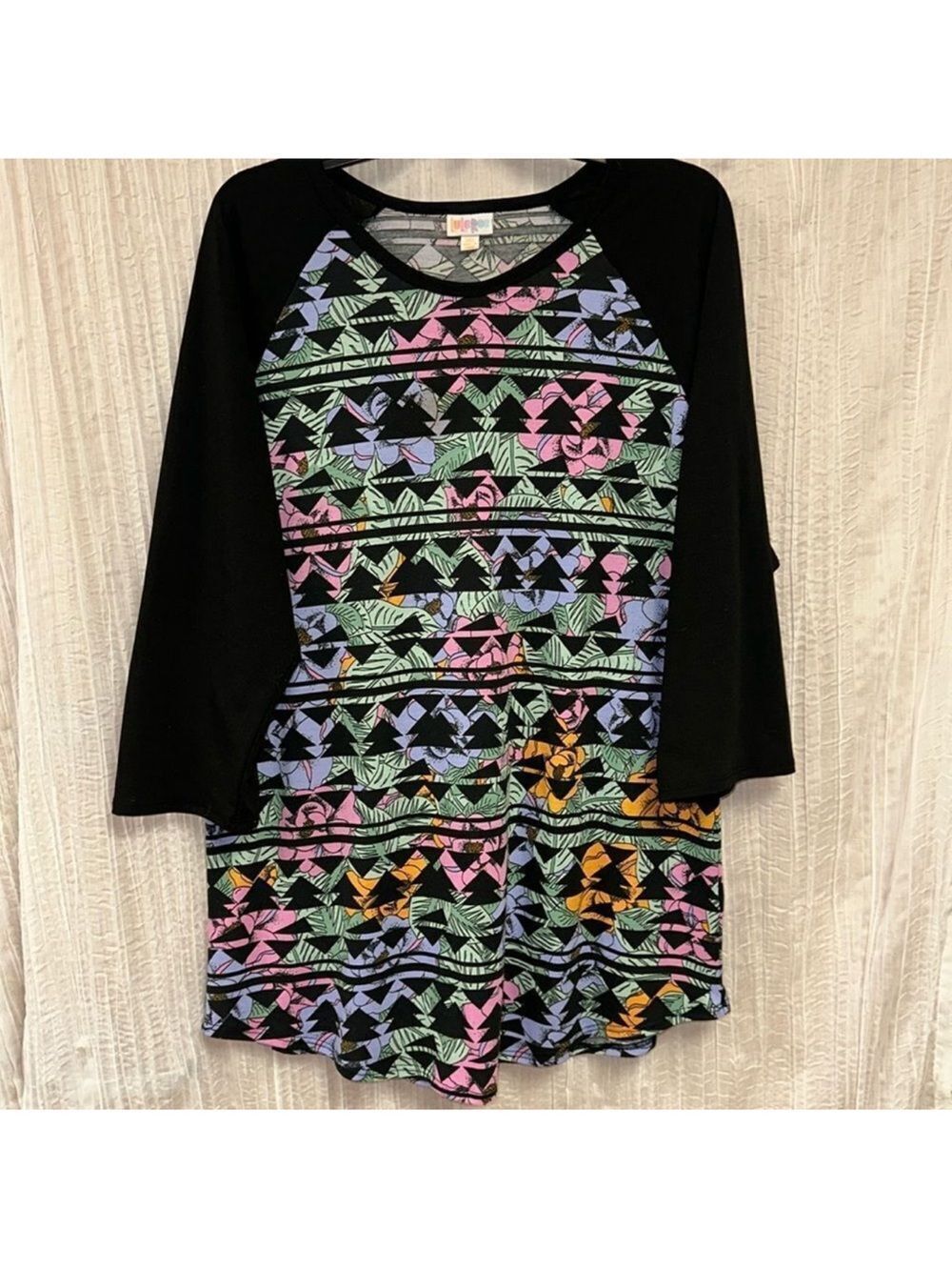 LuLaRoe 3X Randy Black Green Gold Lavender Pink Floral Stripe Quarter Sleeve Top